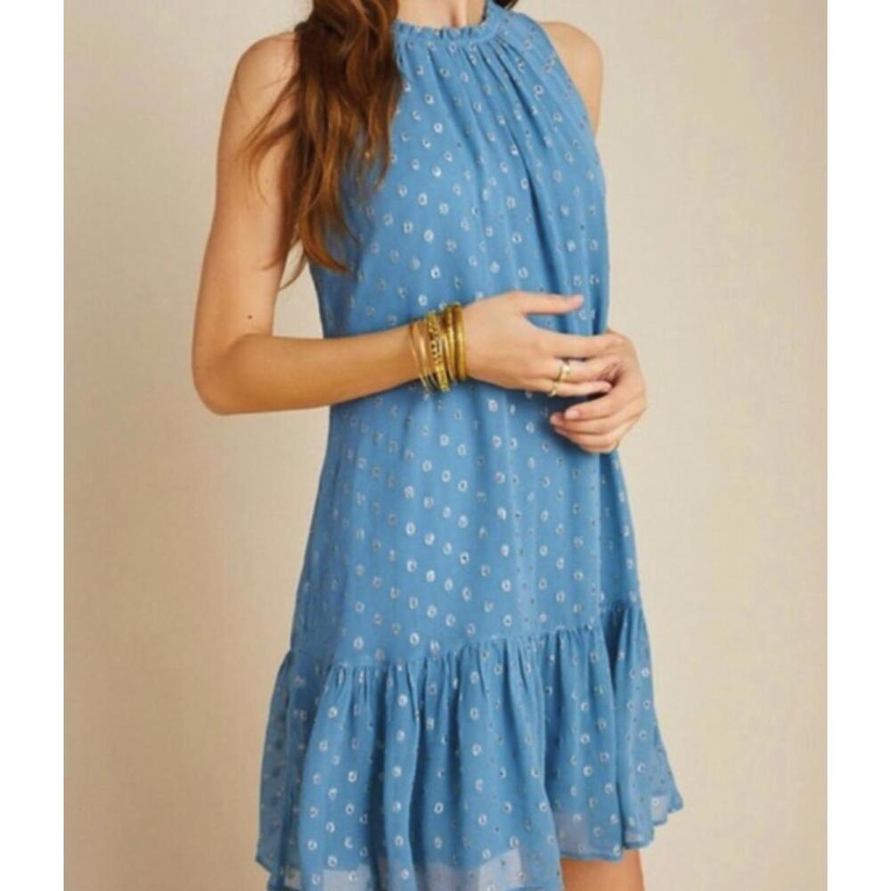 Anthropologie Natalie Sleeveless Shift Blue Ruffle Metallic Dress - Size - Small - Picture 2 of 7